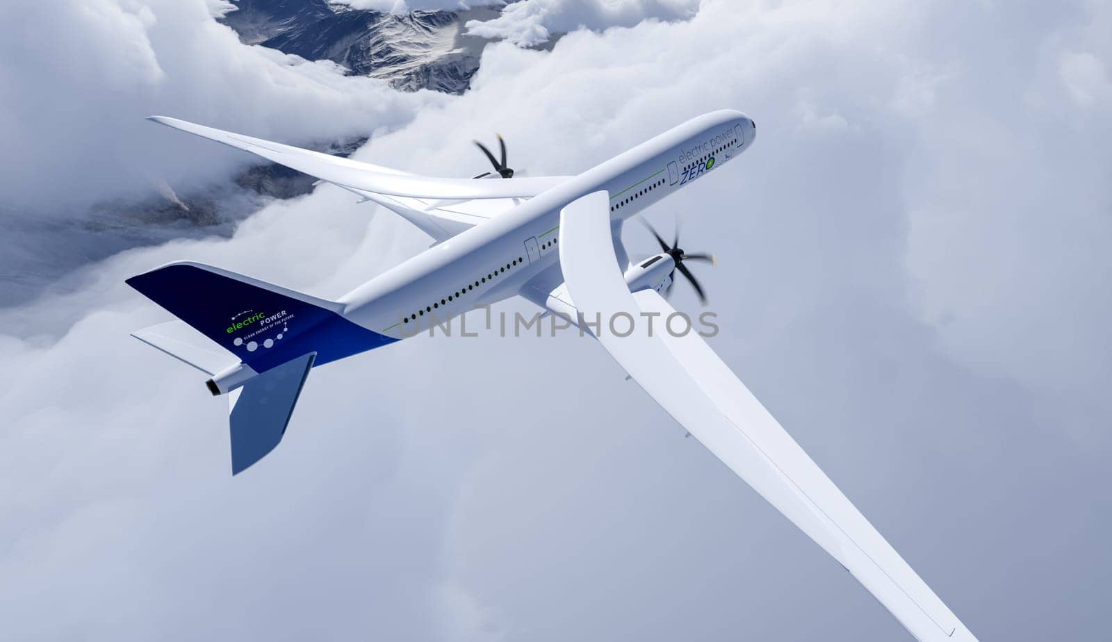 electric powered commercial airliner Aeroplane flying in the bue sky - future electro energy aviation concept. 3d rendering