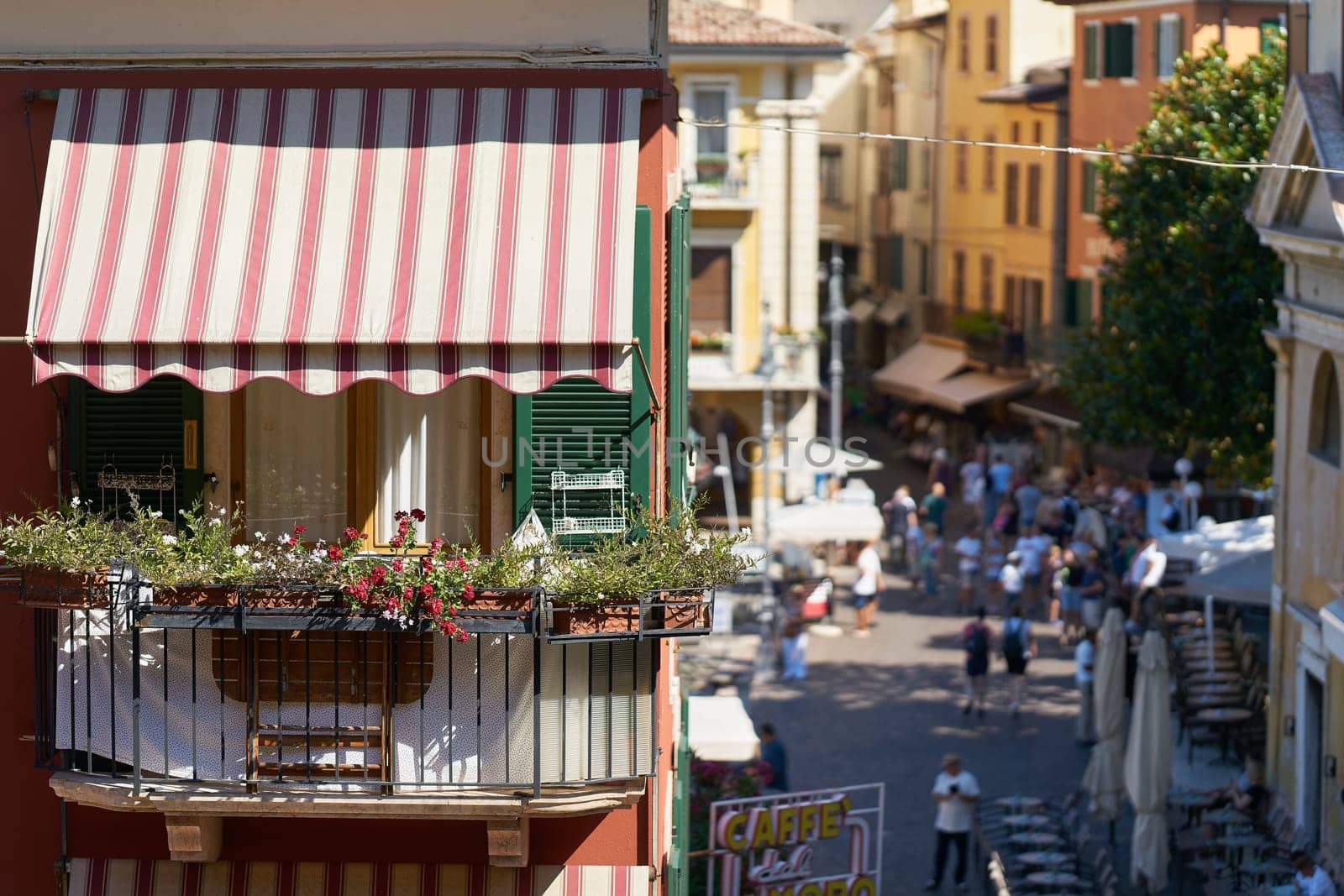 Balcony of a Hotel in the old town of Malcesine on the shore of Lake Garda in Italy