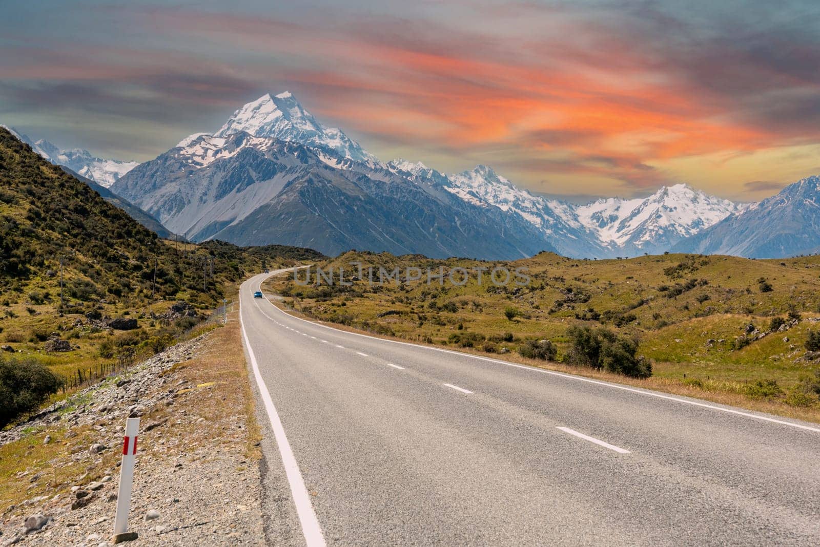 Scenic view of Southern Alps from the entrance to Aoraki National Park, South Island of New Zealand