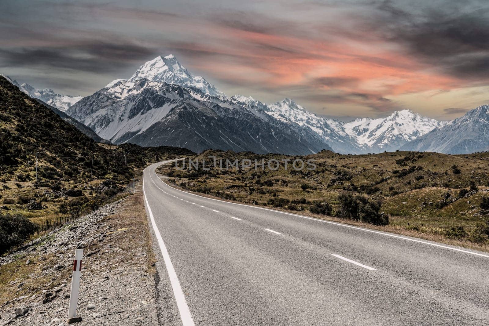 Scenic view of Southern Alps from the entrance to Aoraki National Park, South Island of New Zealand