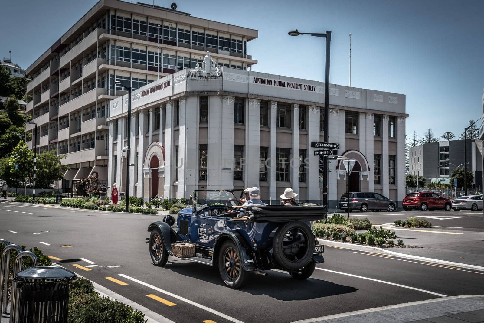NAPIR, NEW ZEALAND - JANUARY 10, 2023 - Famous Art Deco buildings in downtown Napier, North Island of New Zealand