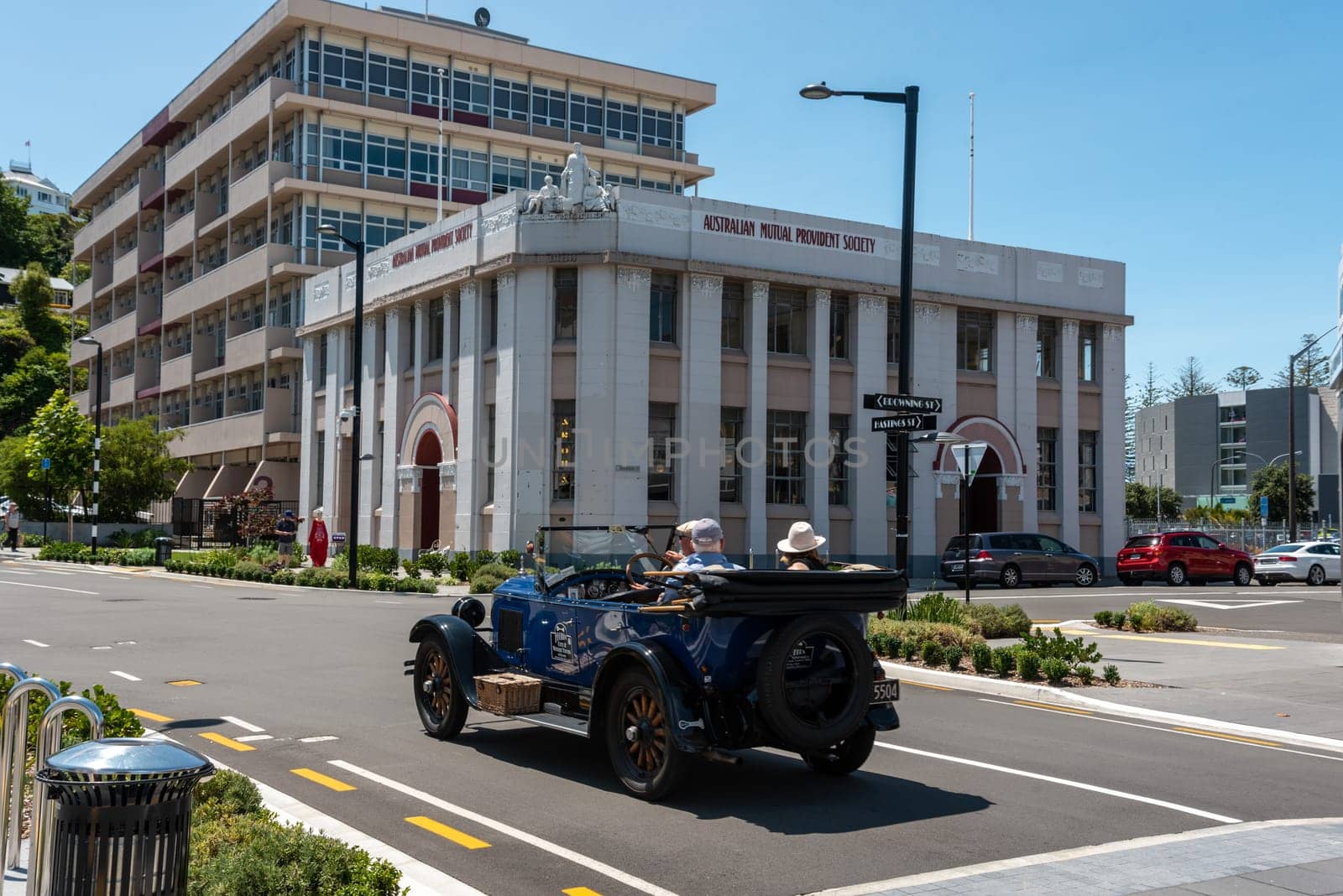 NAPIR, NEW ZEALAND - JANUARY 10, 2023 - Famous Art Deco buildings in downtown Napier, North Island of New Zealand