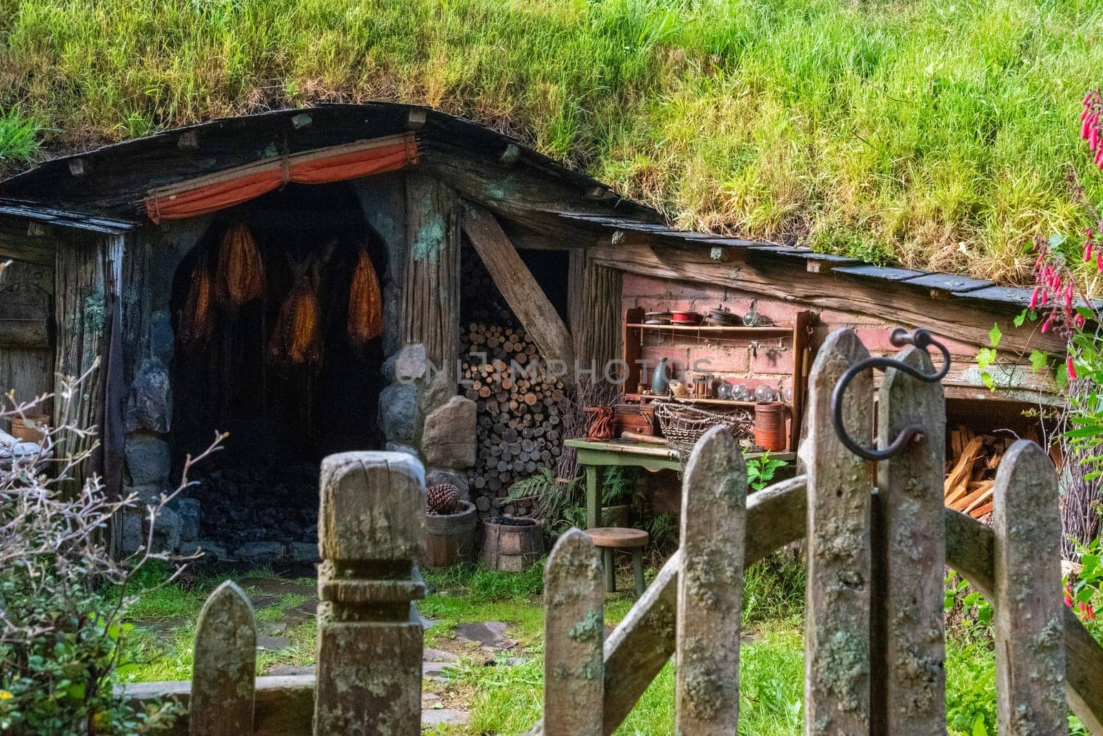 HOBBITON, NEW ZEALAND - JANUARY 20, 2023 - Famous Hobbiton village in Matamata from the movies The Hobbit and Lord of the Rings, New Zealand
