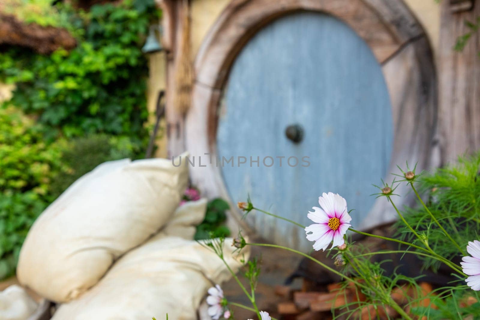 HOBBITON, NEW ZEALAND - JANUARY 20, 2023 - Famous Hobbiton village in Matamata from the movies The Hobbit and Lord of the Rings, New Zealand
