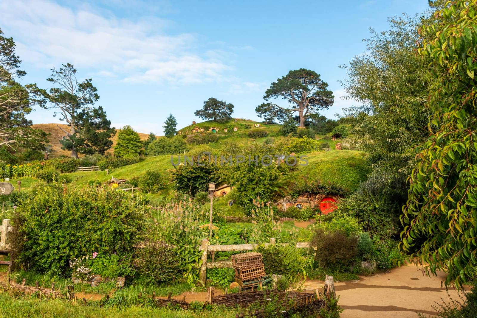 HOBBITON, NEW ZEALAND - JANUARY 20, 2023 - Famous Hobbiton village in Matamata from the movies The Hobbit and Lord of the Rings, New Zealand