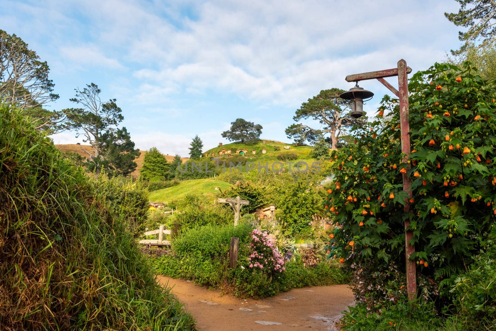 HOBBITON, NEW ZEALAND - JANUARY 20, 2023 - Famous Hobbiton village in Matamata from the movies The Hobbit and Lord of the Rings, New Zealand