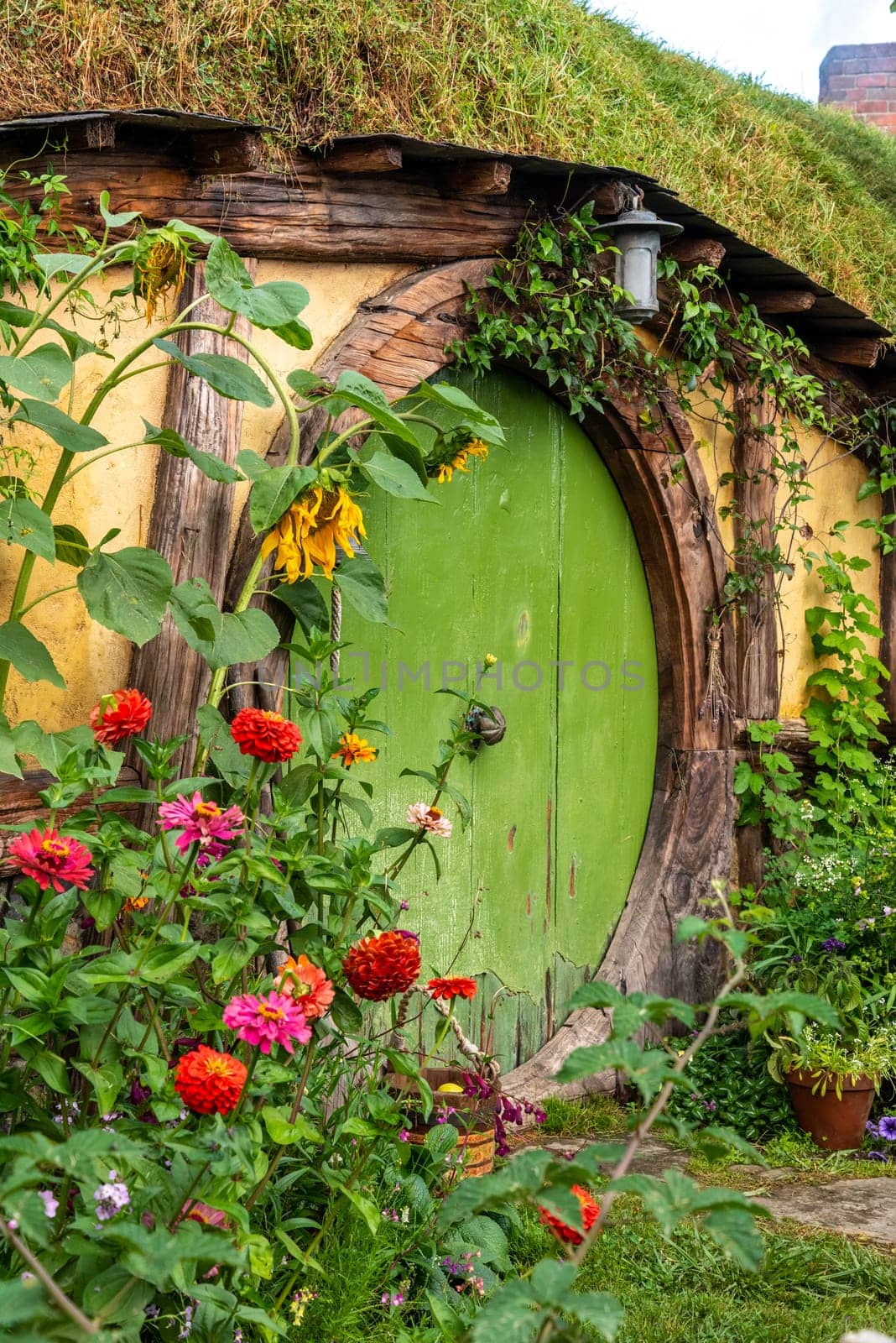 HOBBITON, NEW ZEALAND - JANUARY 20, 2023 - Famous Hobbiton village in Matamata from the movies The Hobbit and Lord of the Rings, New Zealand