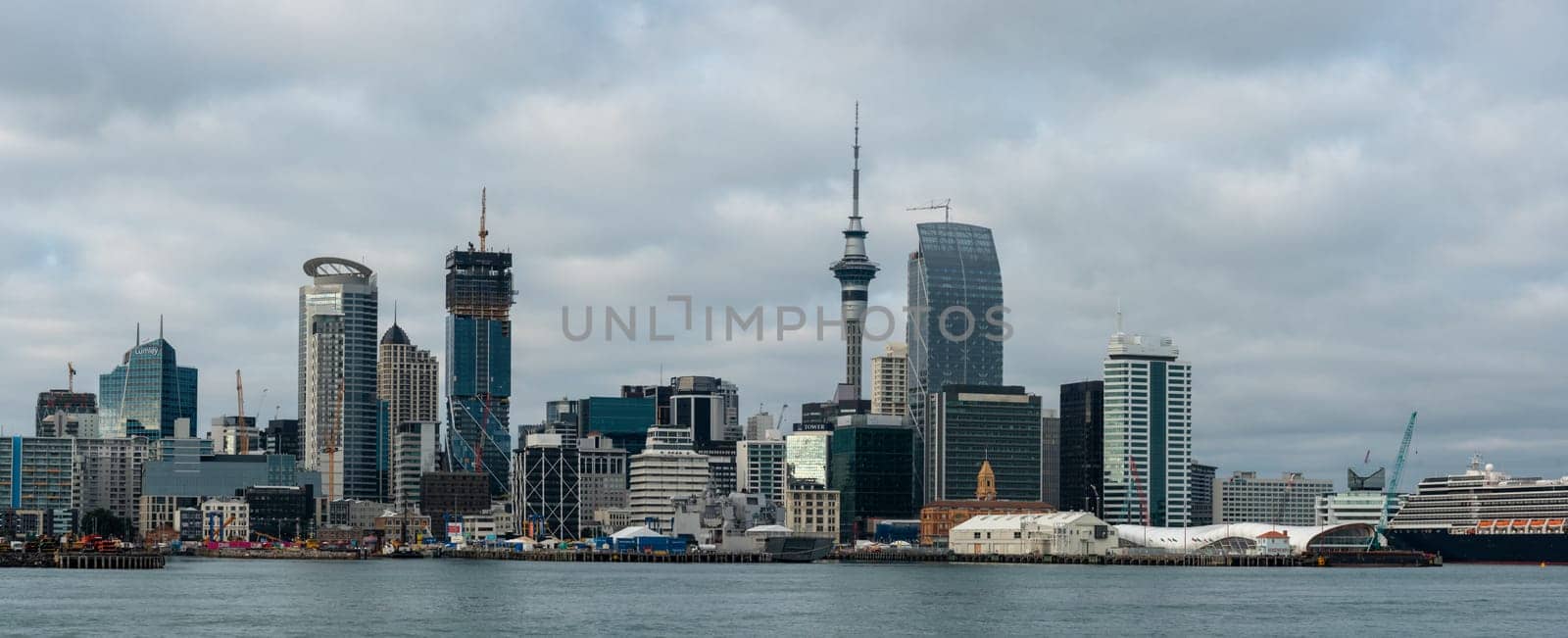 AUCKLAND, NEW ZEALAND - JANUARY 24, 2023 - Panoramic view of the Auckland skyline from seaside, New Zealand