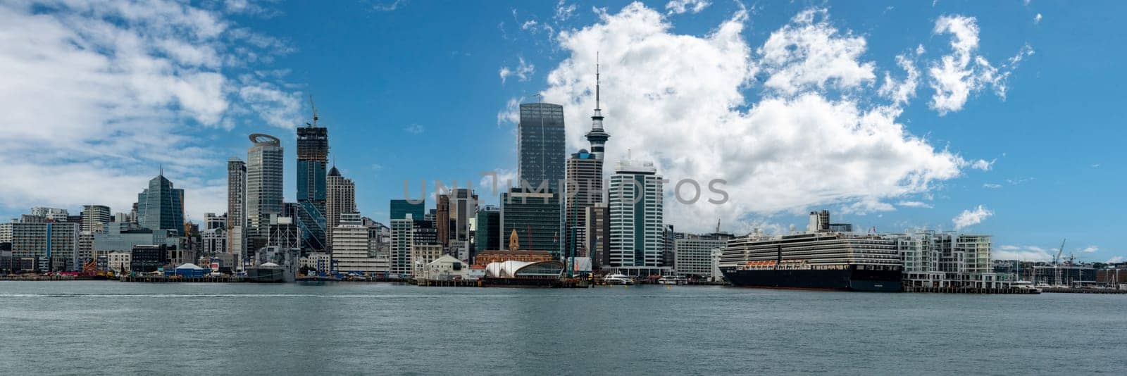 AUCKLAND, NEW ZEALAND - JANUARY 24, 2023 - Panoramic view of the Auckland skyline from seaside, New Zealand