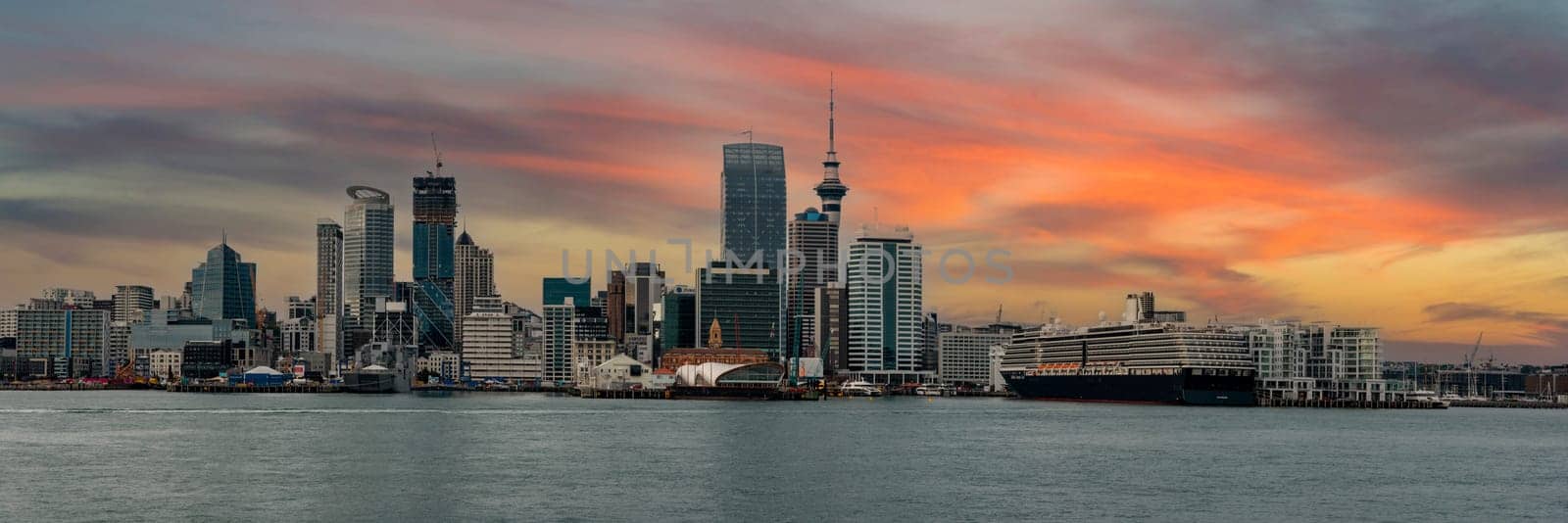 AUCKLAND, NEW ZEALAND - JANUARY 24, 2023 - Sunset over the skyline of Auckland, New Zealand