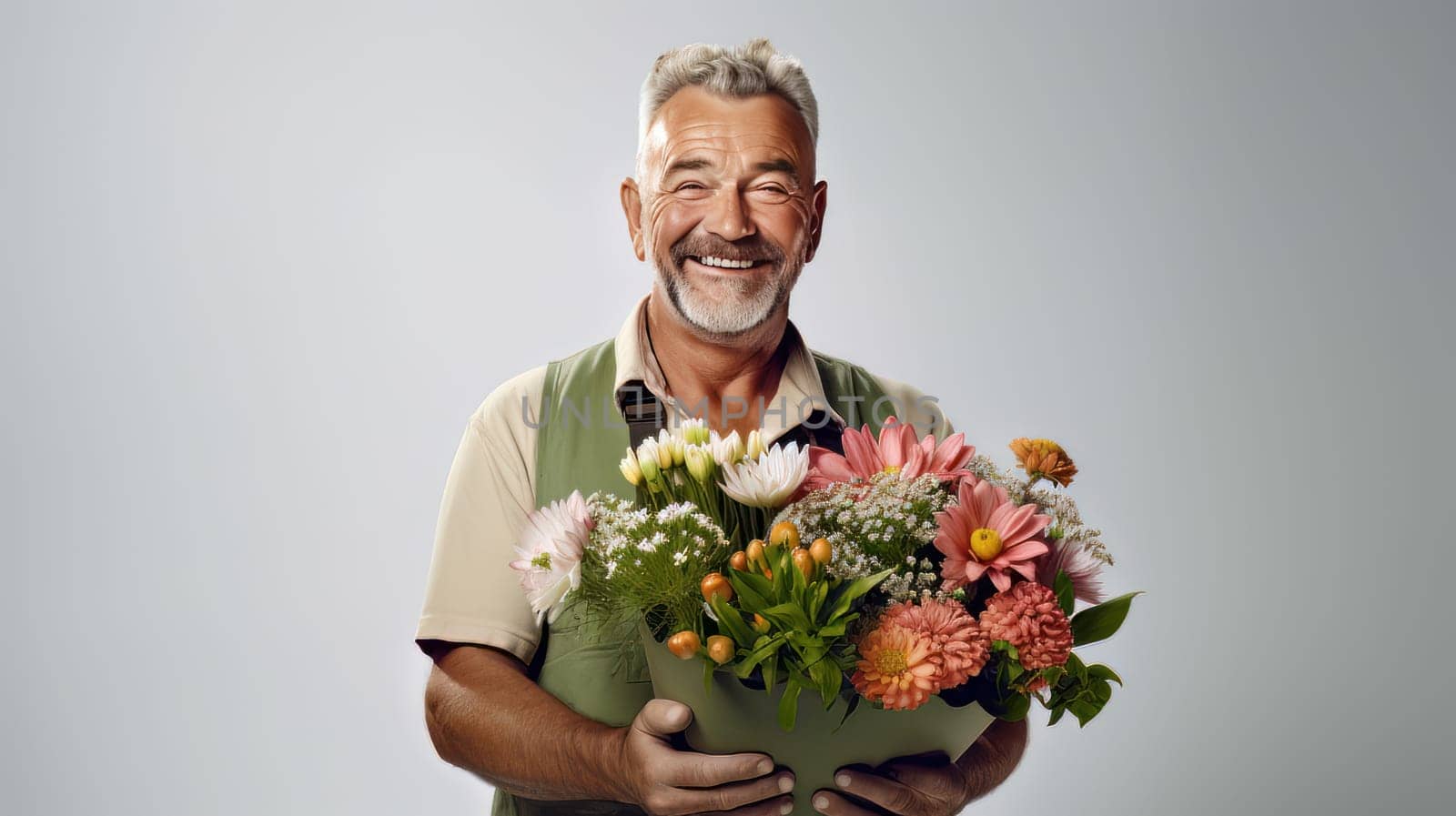 Happy senior gardener with a beautiful bouquet of flowers on bright background - generative artificial art