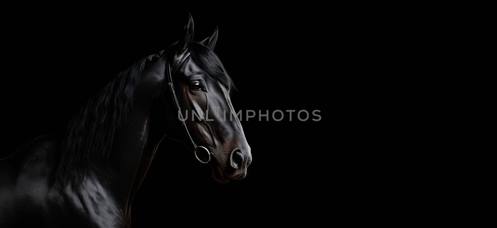 Panorama from black frisian stallion close up portrait on black background. Artificial Art.