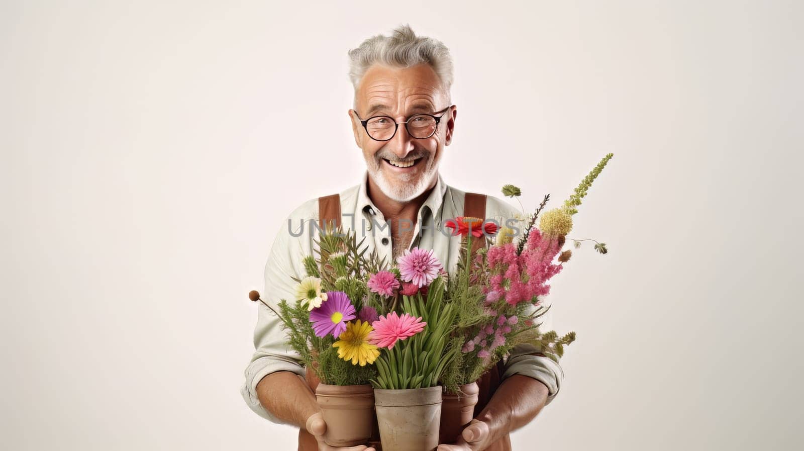 Happy senior gardener with a beautiful pots of flowers on bright background - generative artificial art
