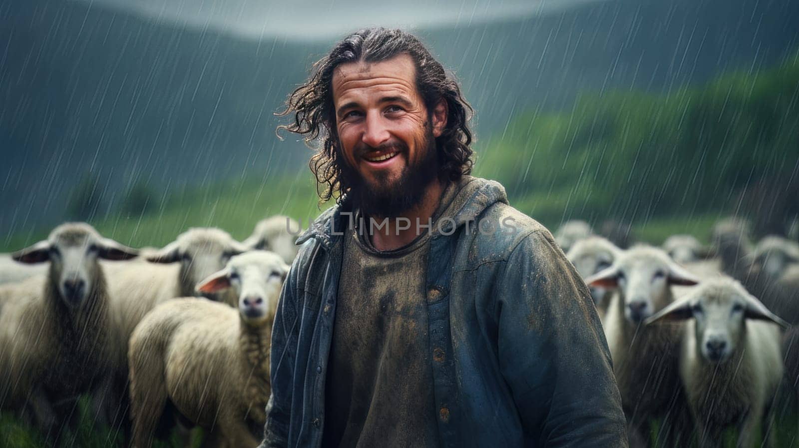 Attractive male shepard with dirty cloth and his flock of sheeps exposed to the cold and the rain - generated artificial art