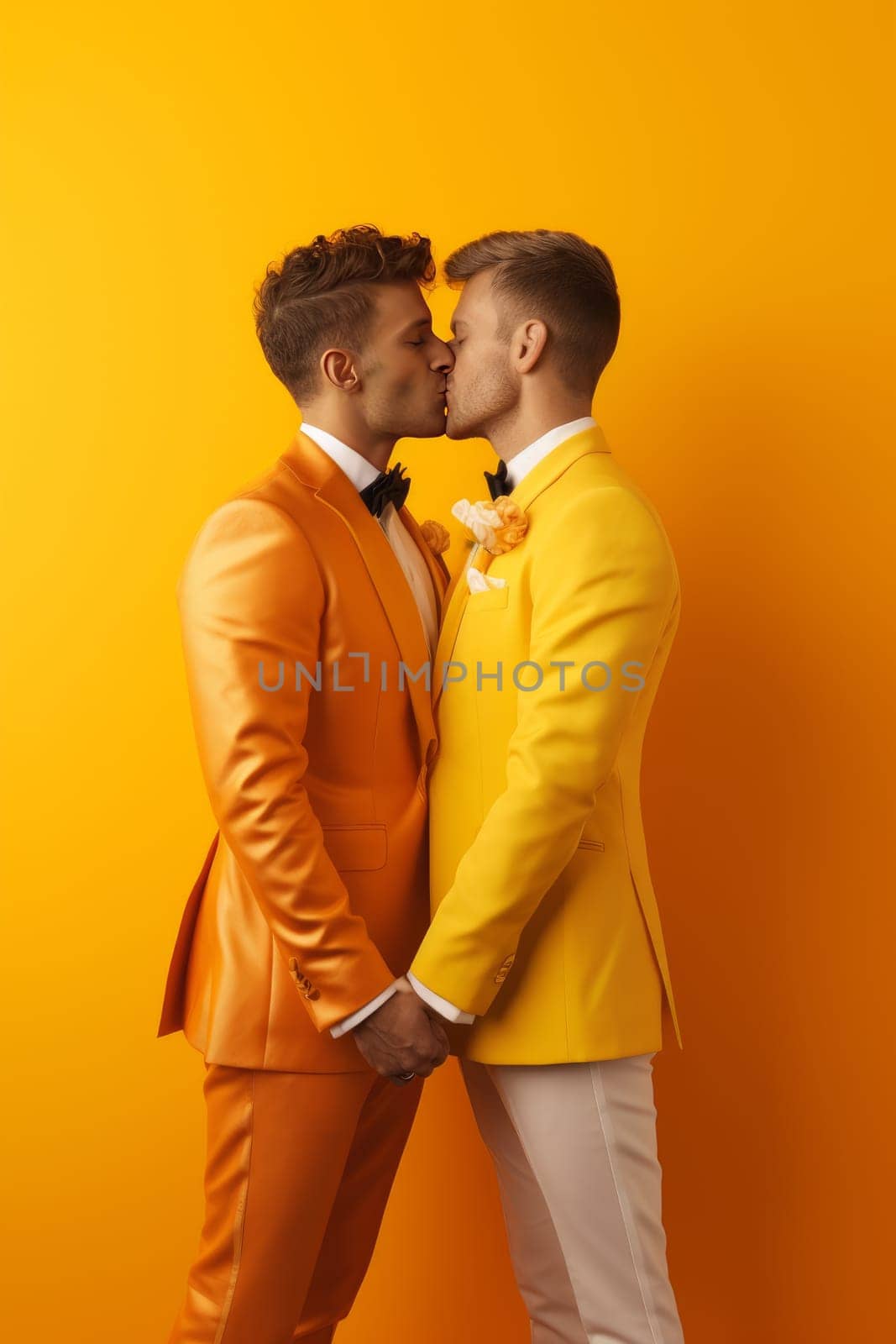 Happy Gay Couple on there Marriage Day isolated on orange background. artificial art