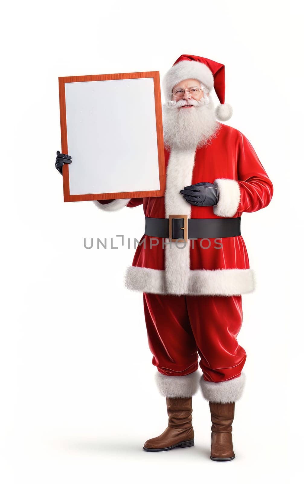 Studio Shot from happy Santa Clause hold a blank whiteboard on white Background. Artificial Art