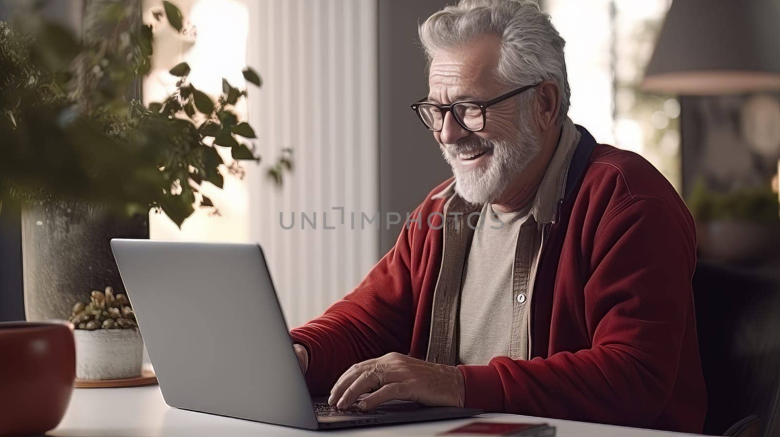 Senior Adult with eyeglasses having fun to usie a laptop - generative Artificial art