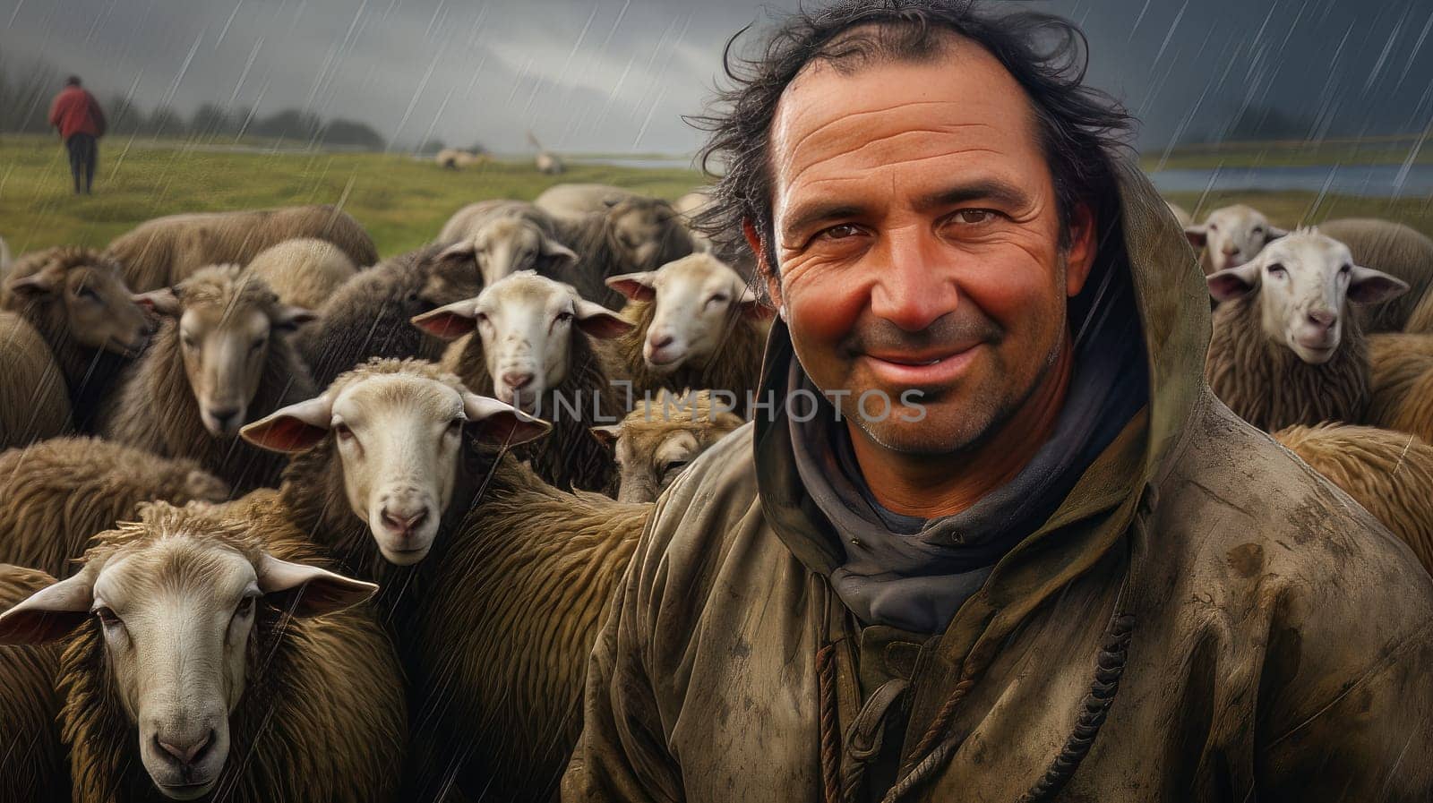 Attractive male shepard with his flock of sheeps exposed to the cold and the rain - generated artificial art