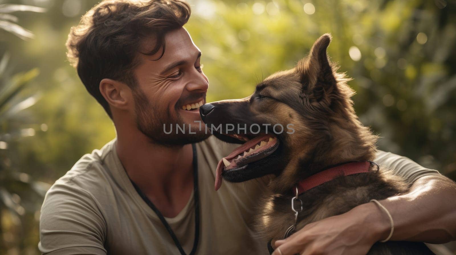 Happy laughing Man with his beautiful German Shepard Dog having Fun. Artificial Art.