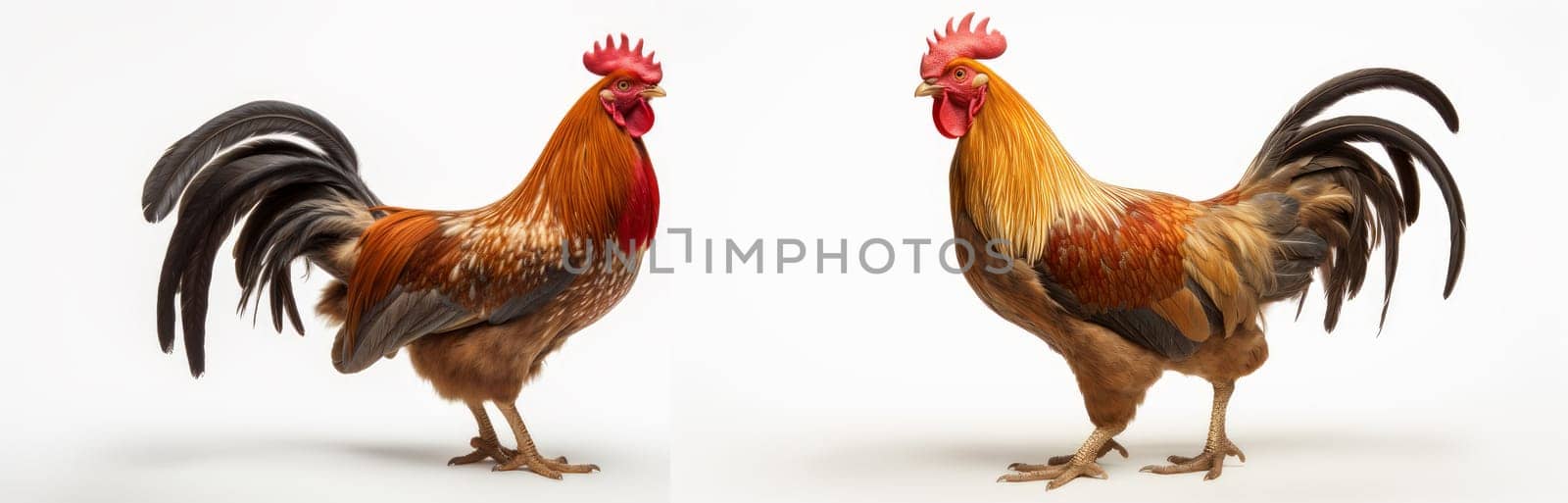 Collage with two chicken cocks isolated on white background. Artificial Art