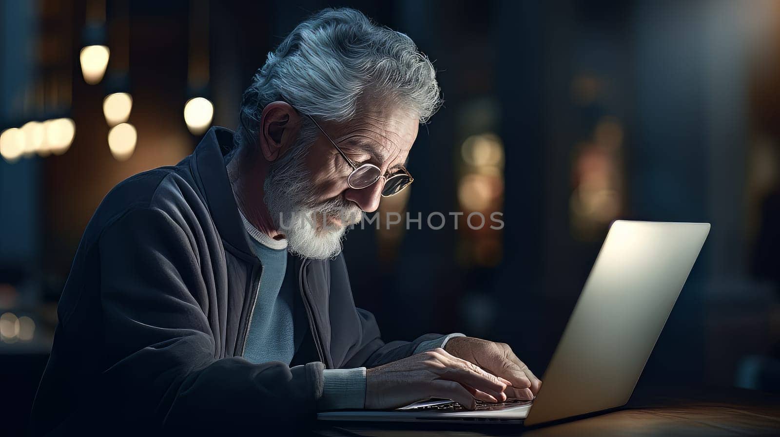 Senior Adult with eyeglasses having fun to usie a laptop - generative Artificial art
