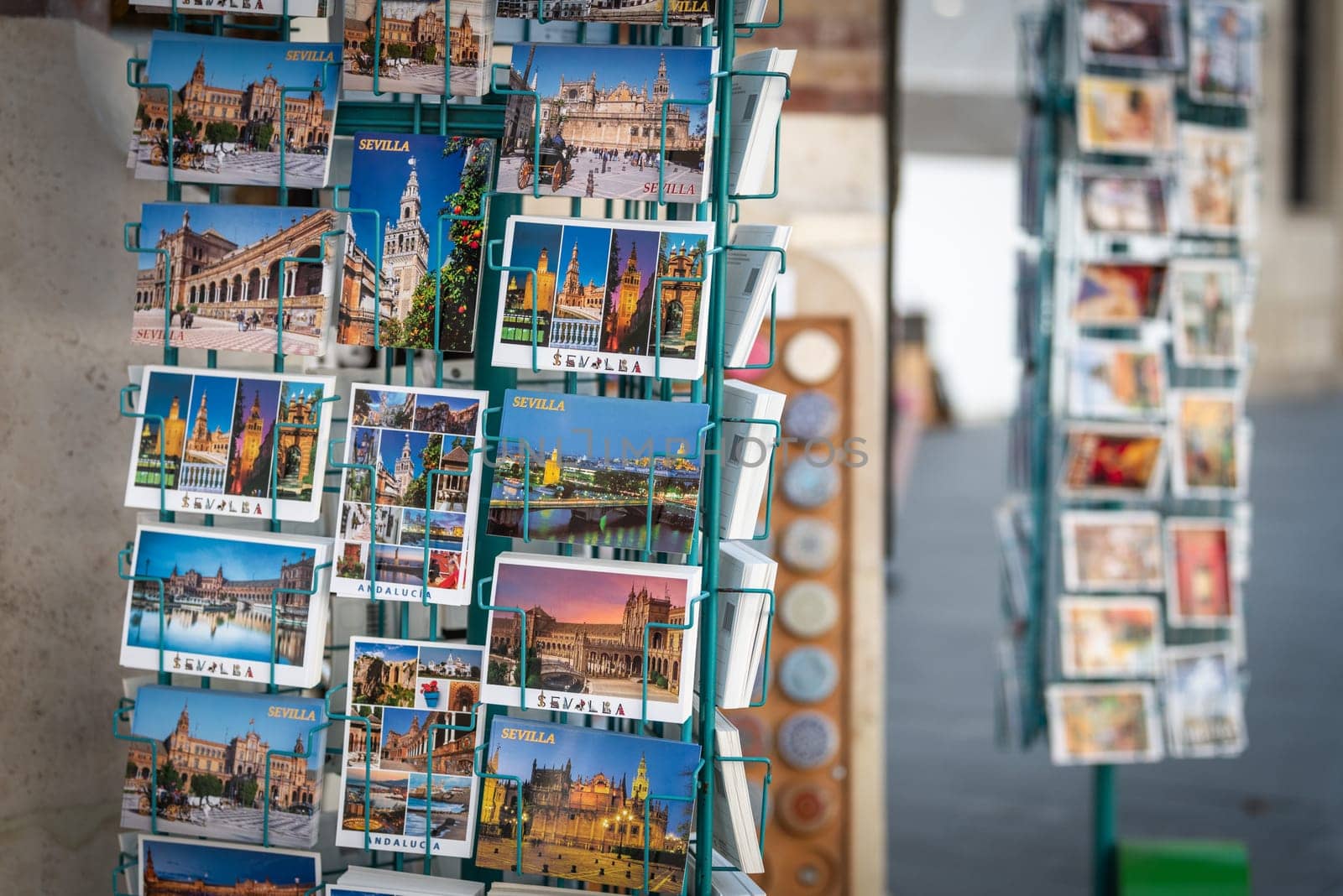 june 26 2019 Seville, Spain : souvenir postcard sales in Seville, Spain