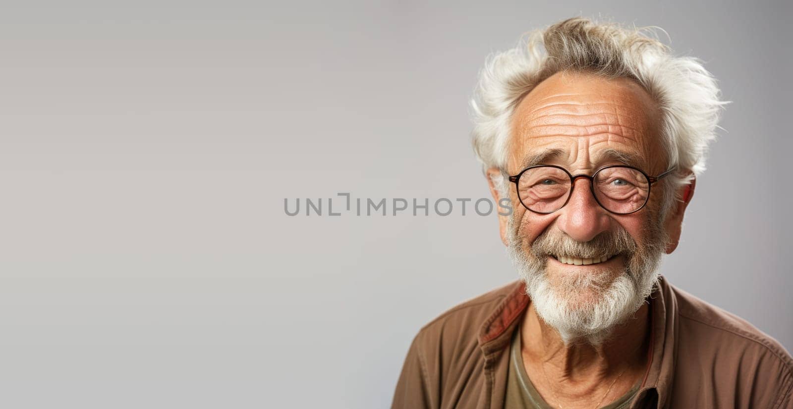 Portrait of a happy old man with eyeglasses, smiling face, pensioner with white hair, clean studio background, generative AI