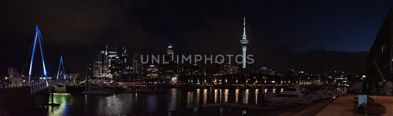 Auckland marina at night, the Skytower in the background, New Zealand