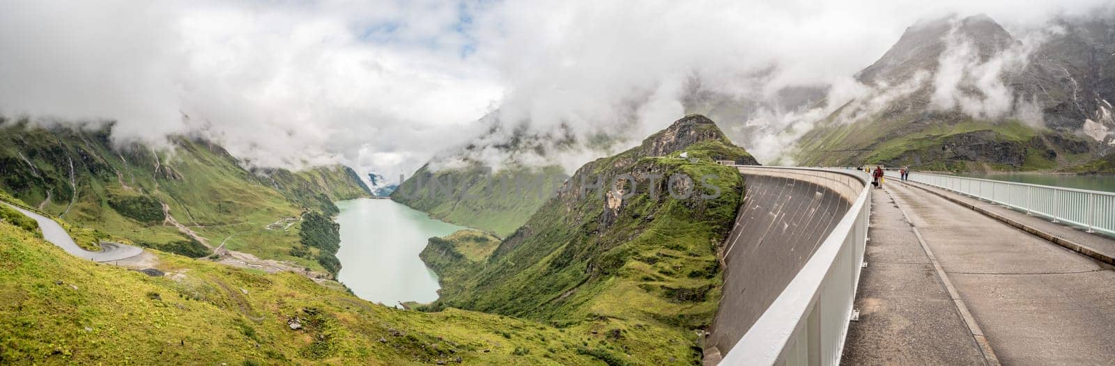 Panoramic view from Mooserboden reservoir and the surrounding mountain landscape near Kaprun, Austria