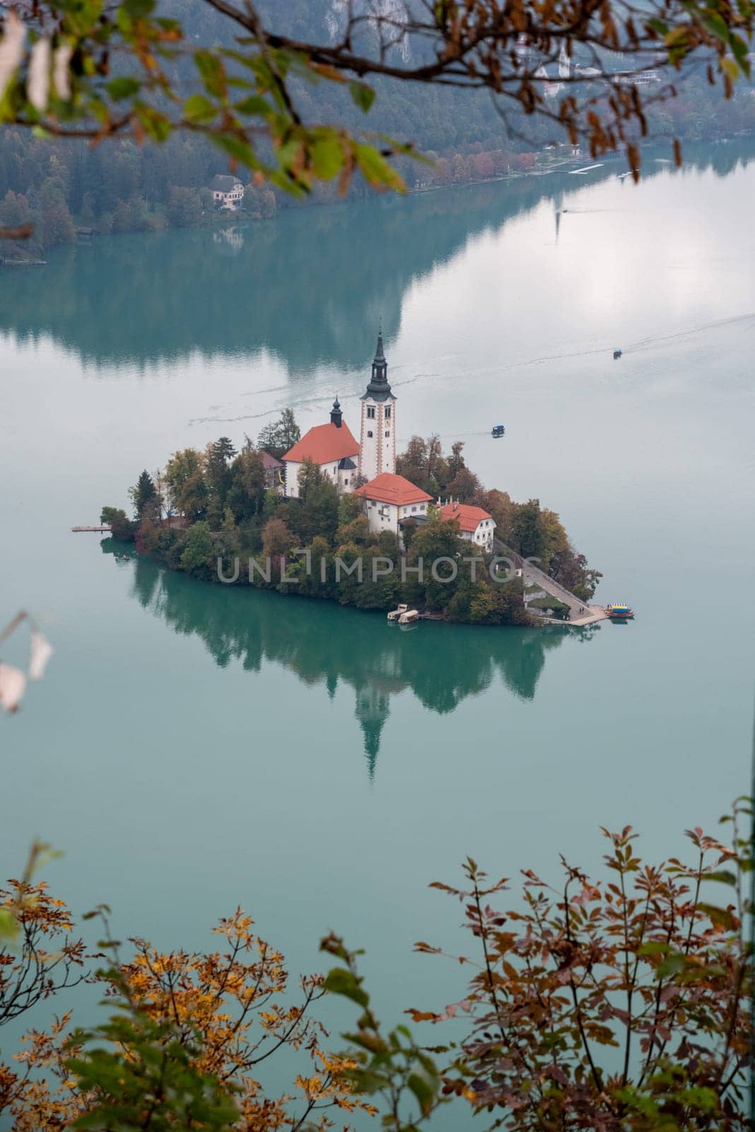 Peaceful view on lake Bled and the island with its pilgrimage church Assumption of Mary, The Slovenian Alps