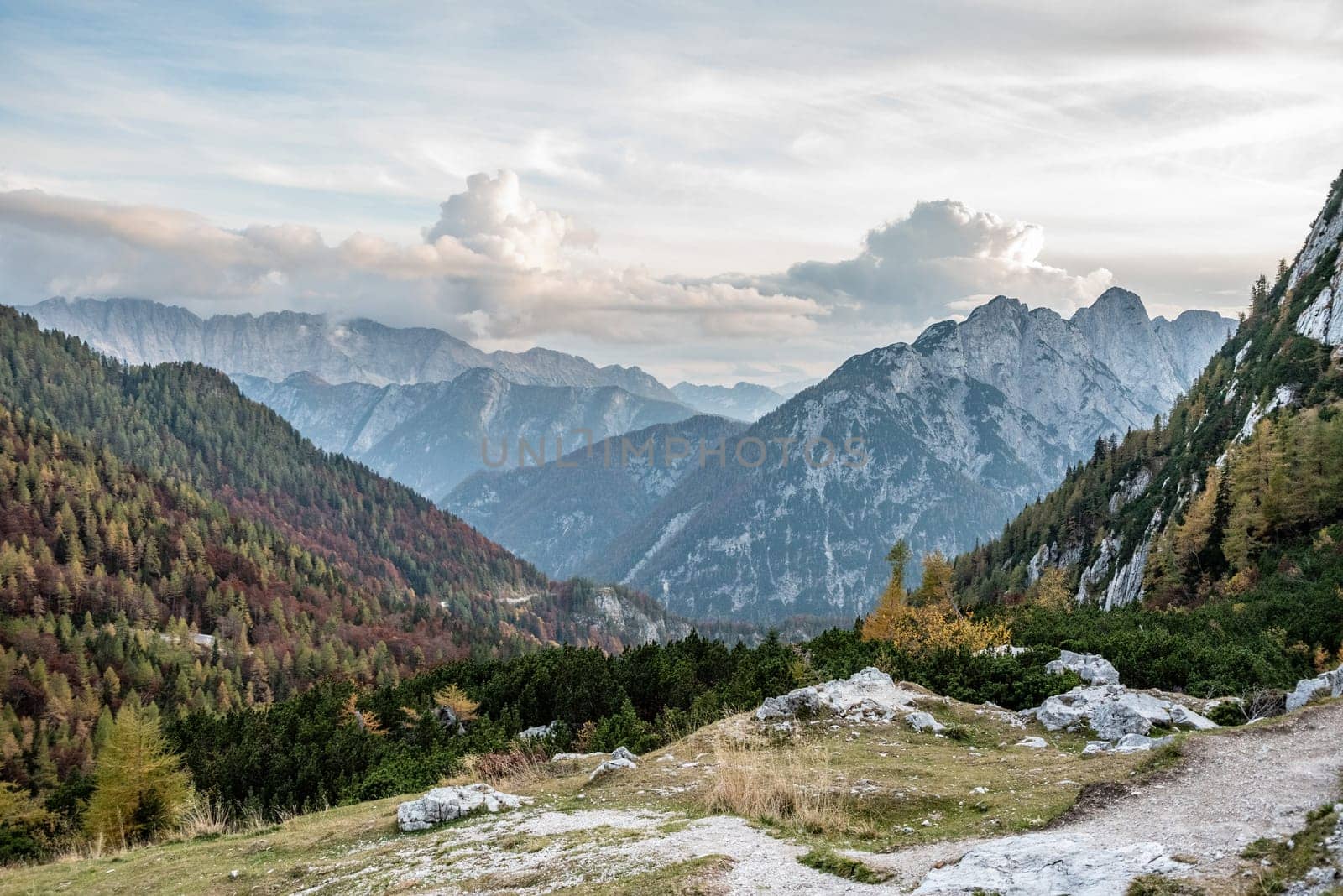 View to the famous Soca valley in the Julian Alps, seen from the Vrsic pass, Slovenia