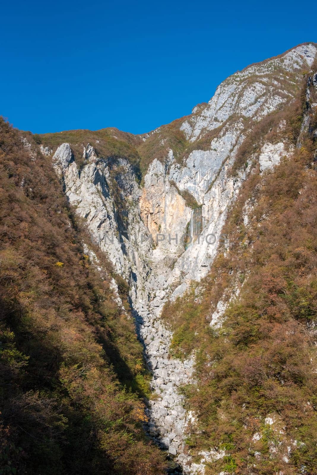 Iconic Boka waterfall in the Soca valley in the Julian Alps, Slovenia