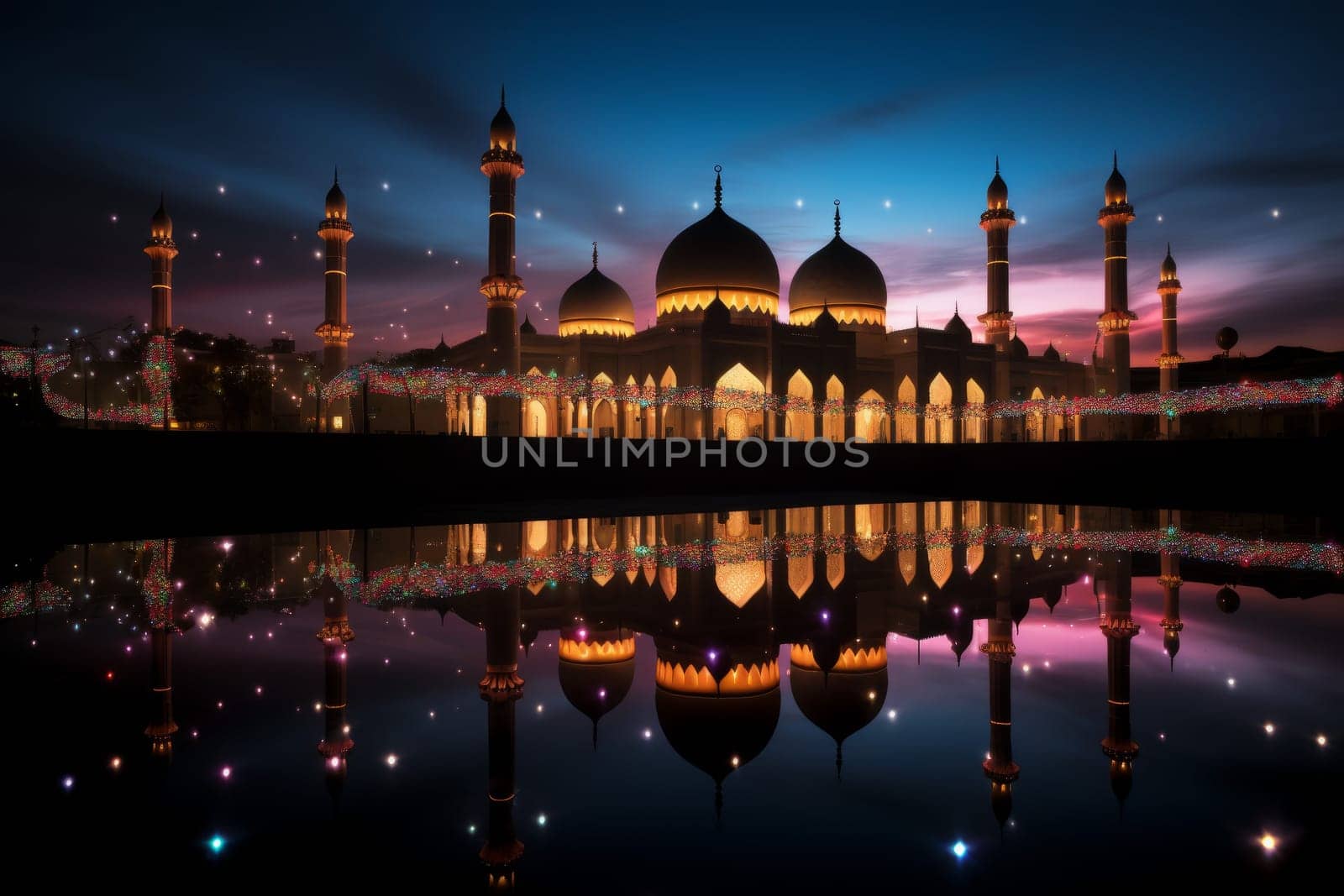 Silhouette of a mosque with colorful lights for Mawlid festivities