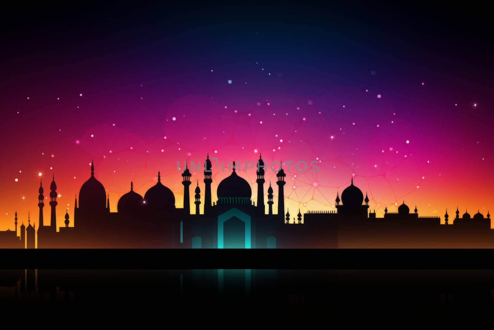 Silhouette of a mosque with colorful lights for Mawlid festivities