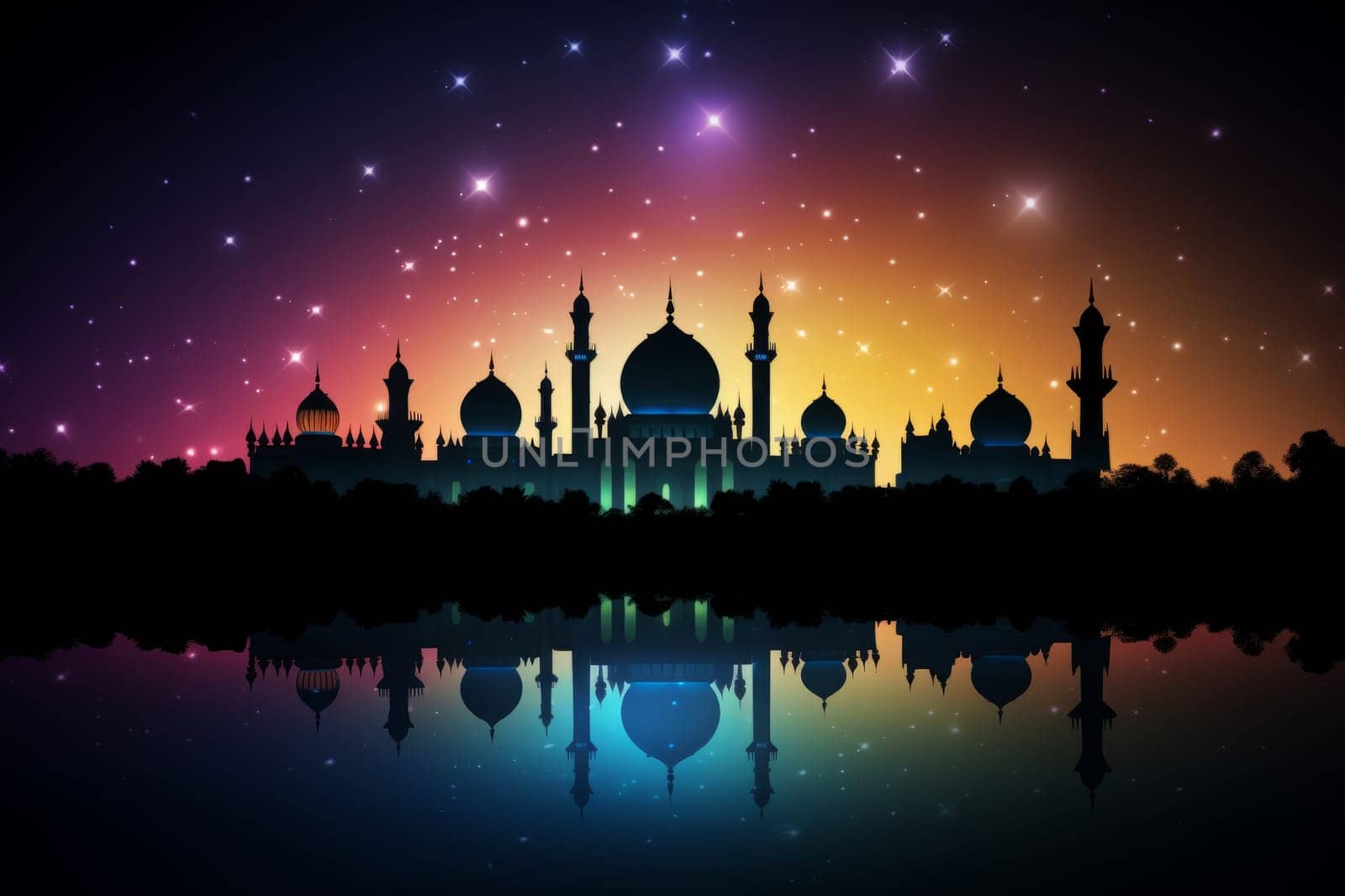 Silhouette of a mosque with colorful lights for Mawlid festivities