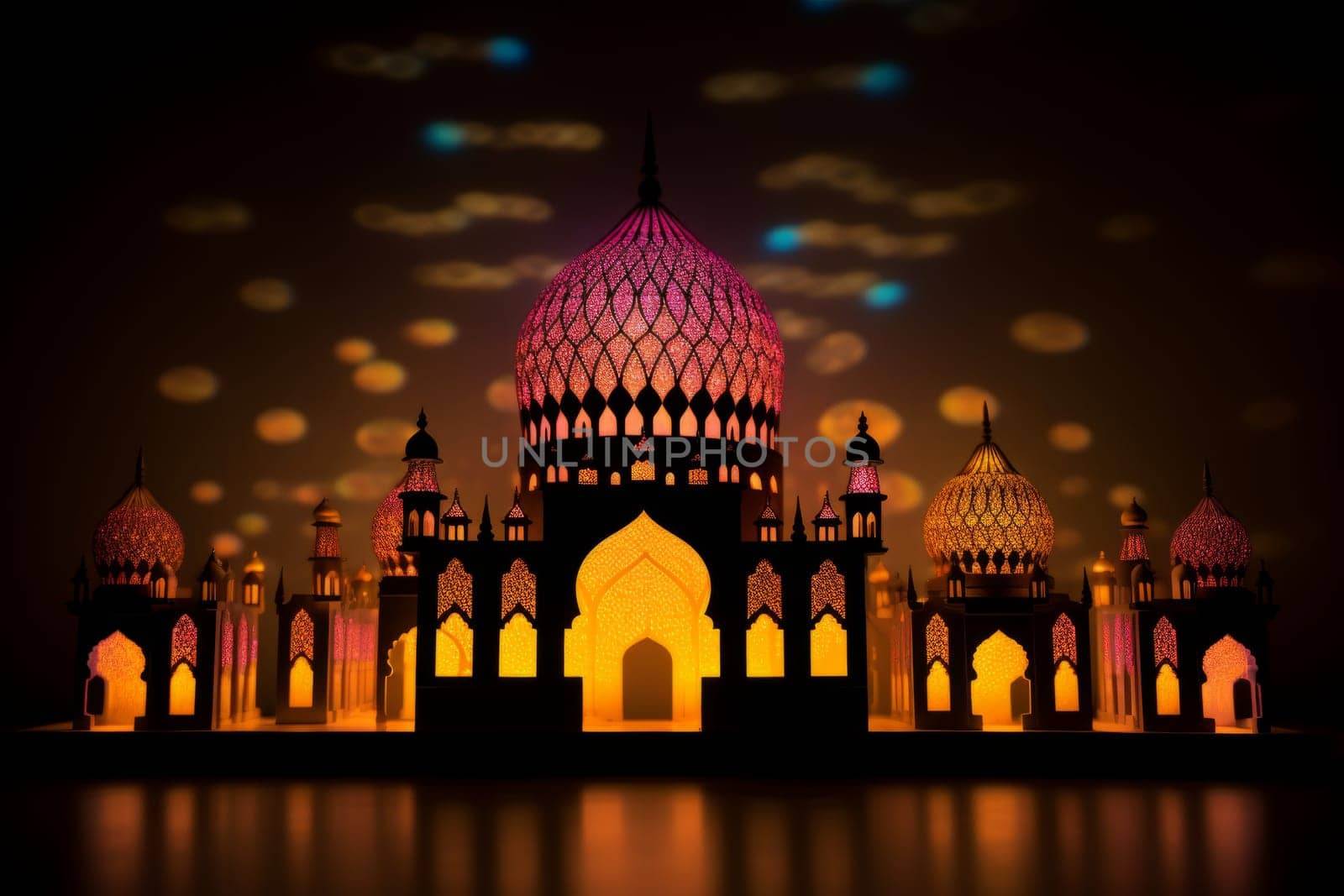 Silhouette of a mosque with colorful lights for Mawlid festivities