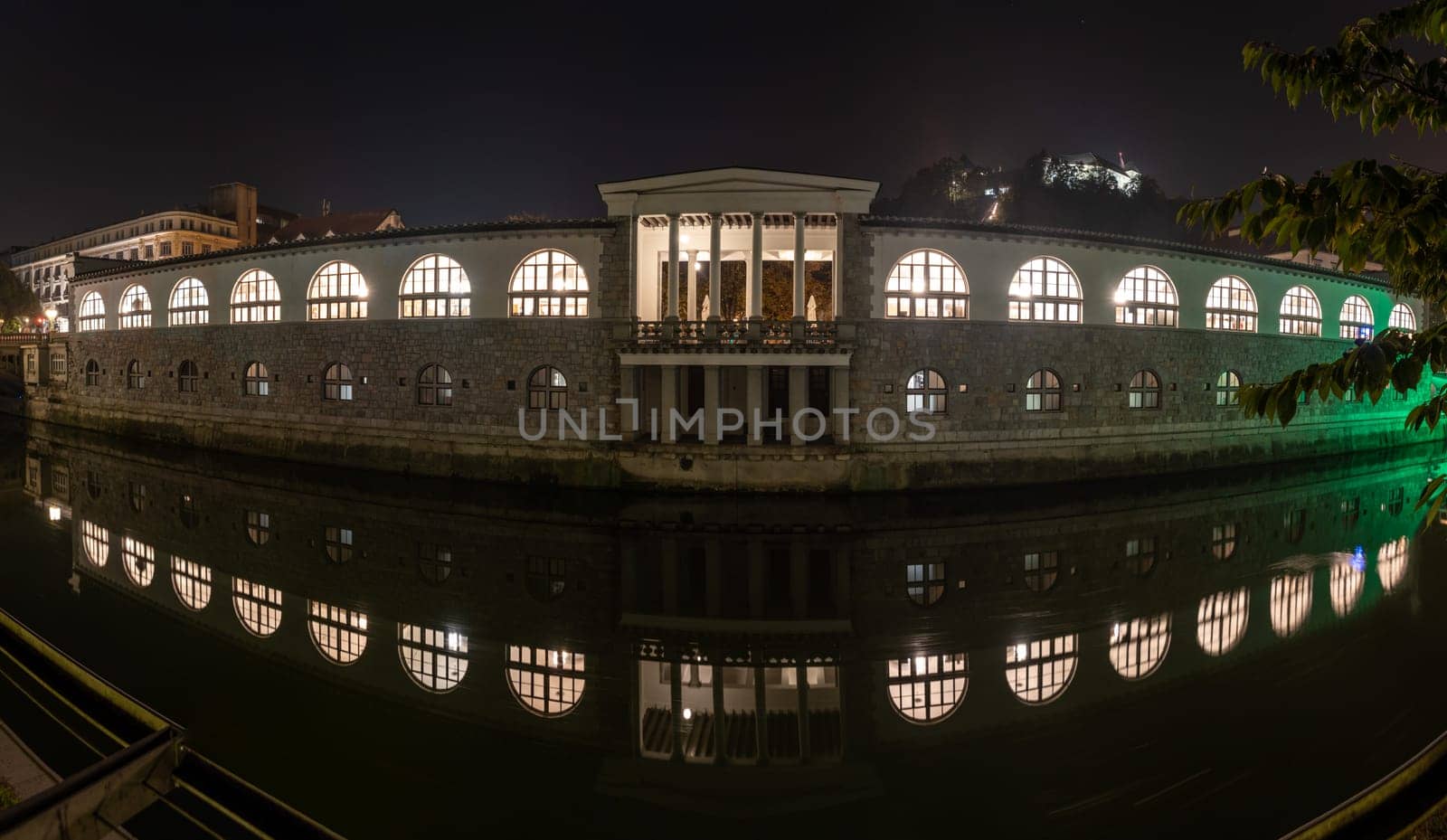 Iconic building of the central market in Ljubljana illuminated at night, Slovenia