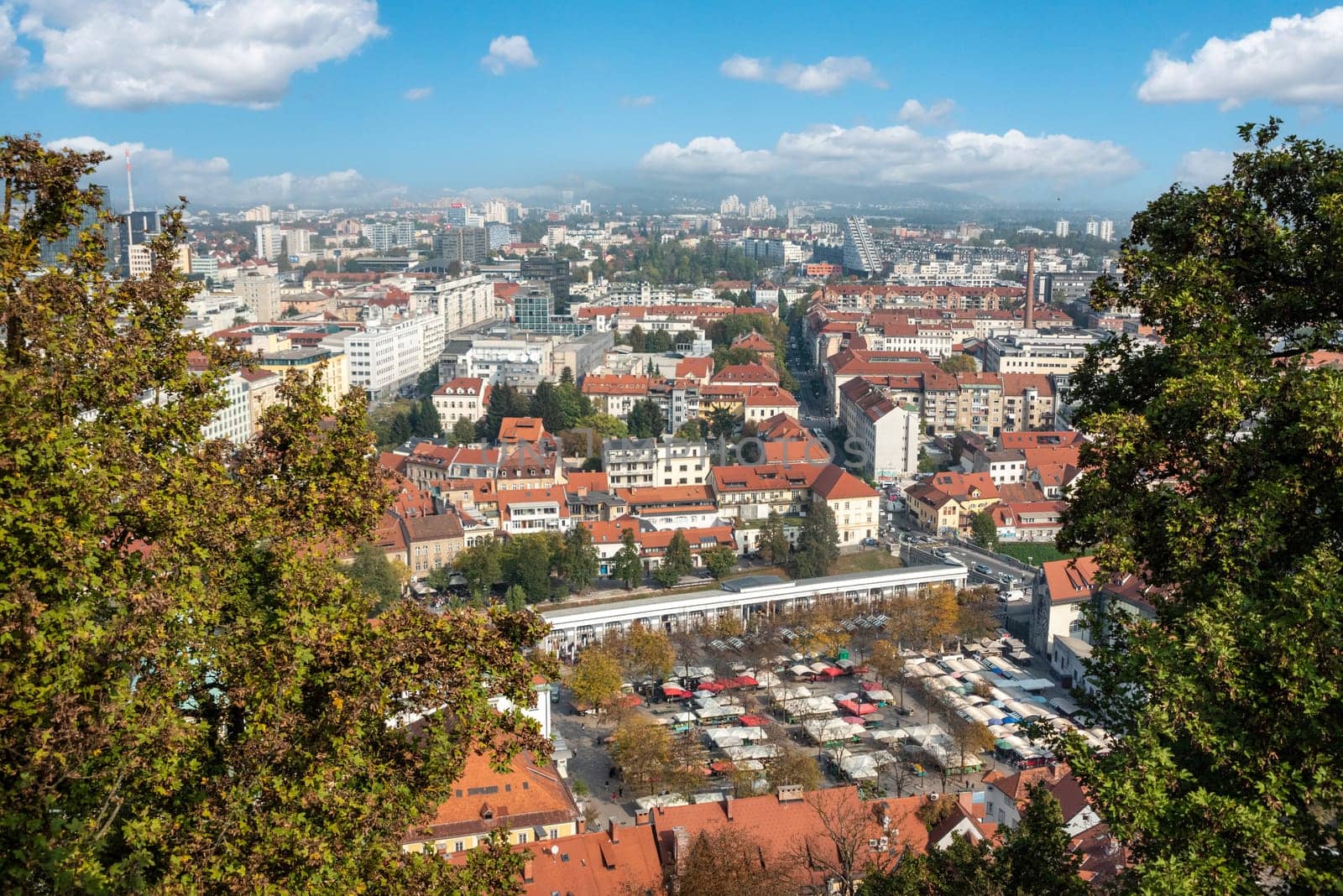 Aerial view over downtown Ljubljana, the Slovenian capital city