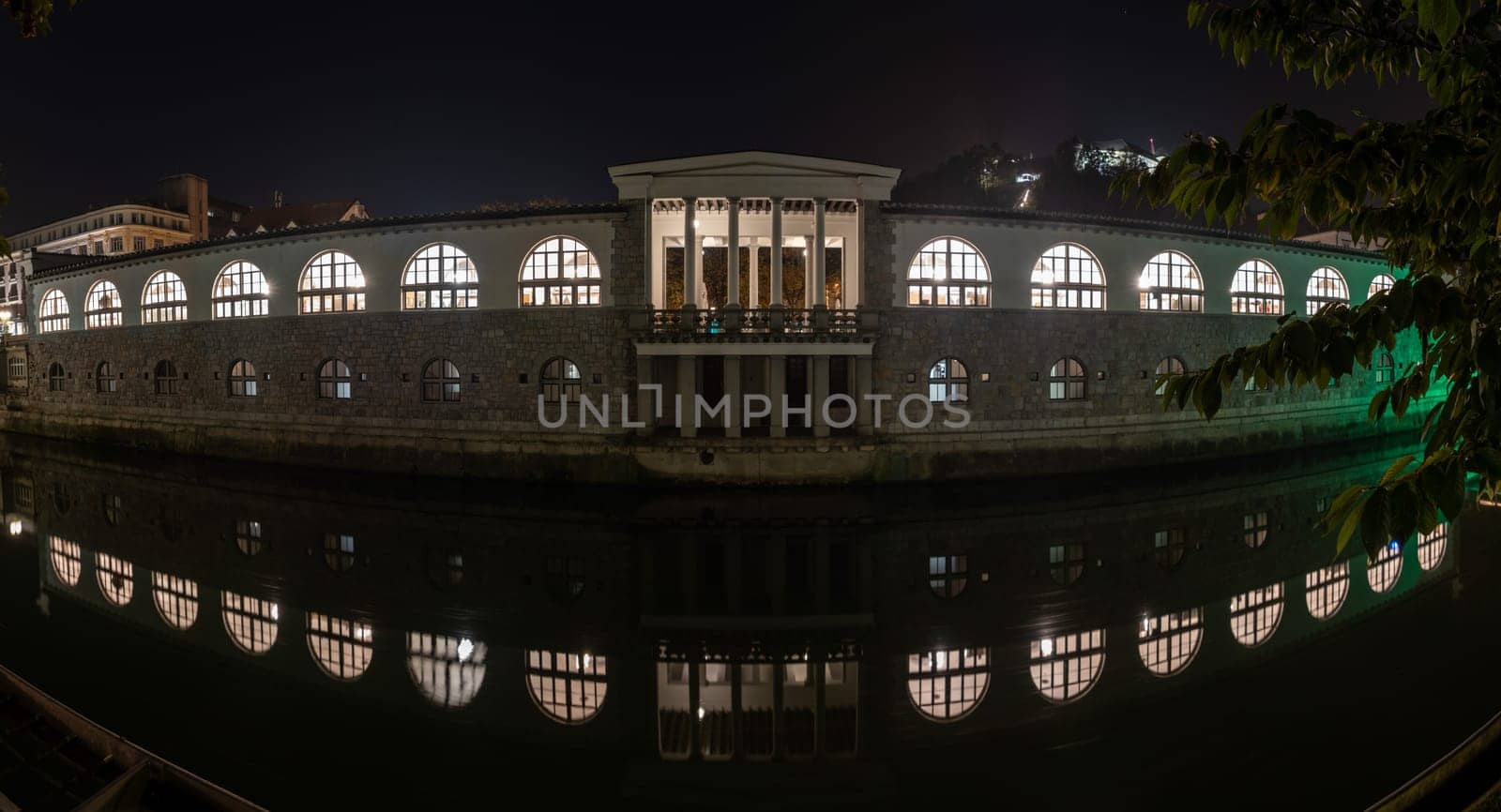 Iconic building of the central market in Ljubljana illuminated at night, Slovenia