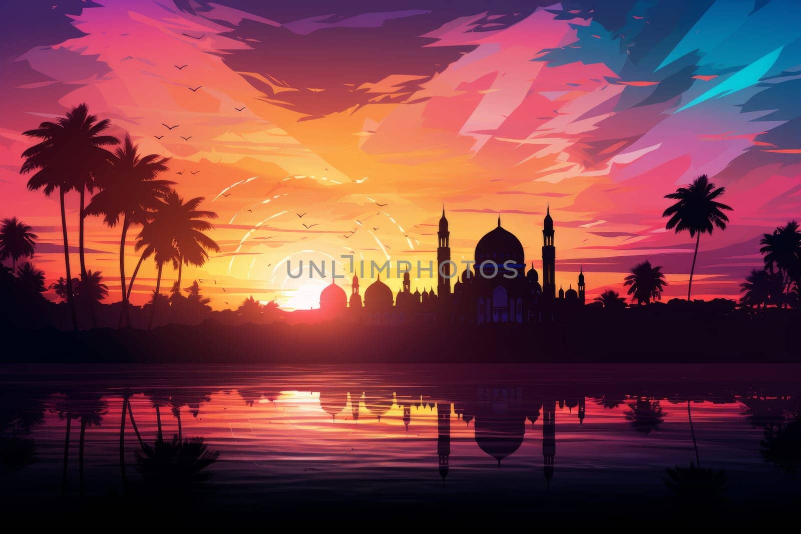 Silhouette of a mosque against a colorful sky for Mawlid festivities