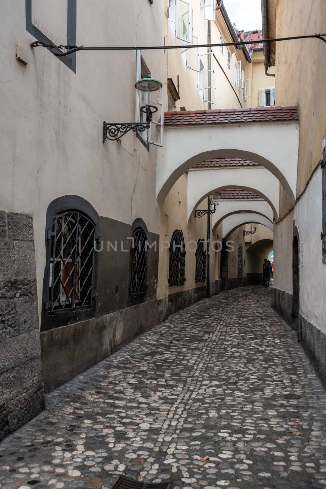 Small alley leading to the fish market in the center of Ljubljana, Slovenia