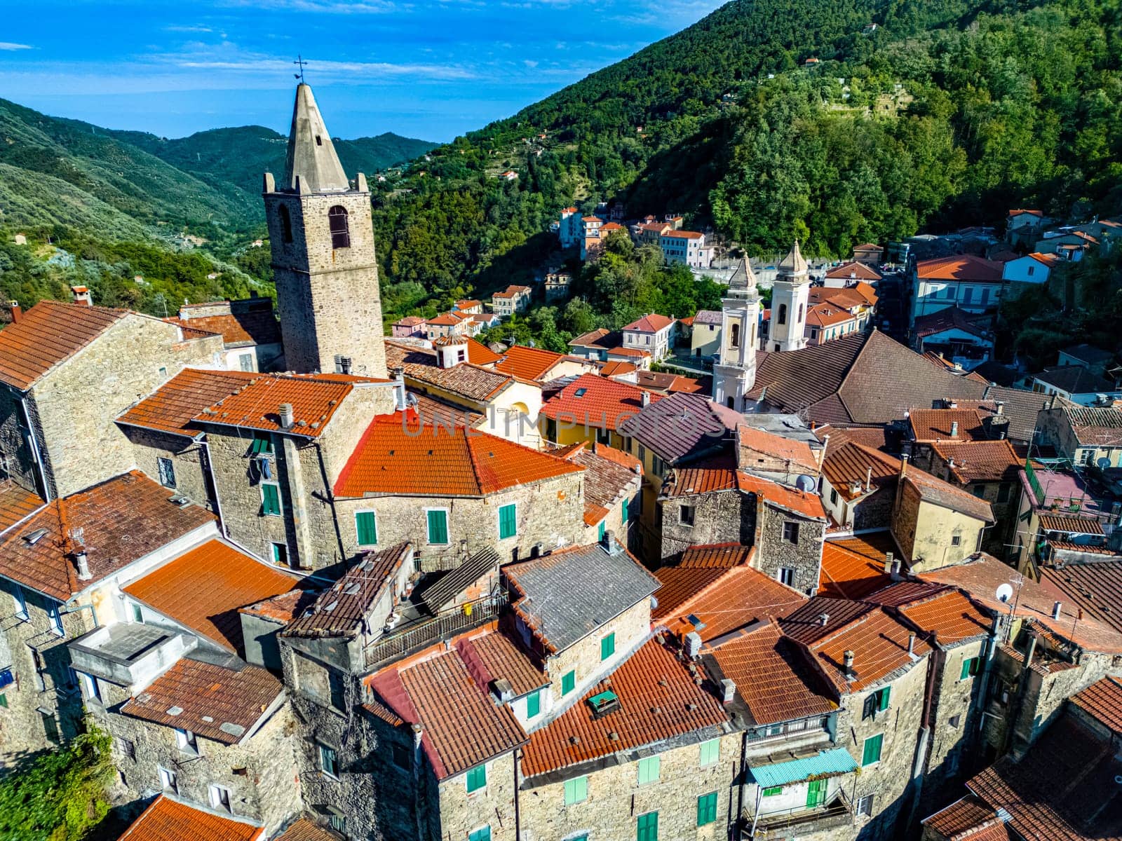 Aerial view of the village of Ceriana in the province of Imperia, Liguria, Italy