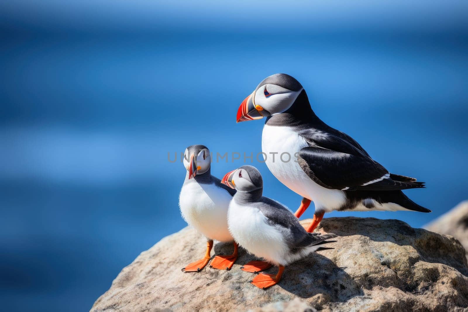 Puffin birds with babies at a coast