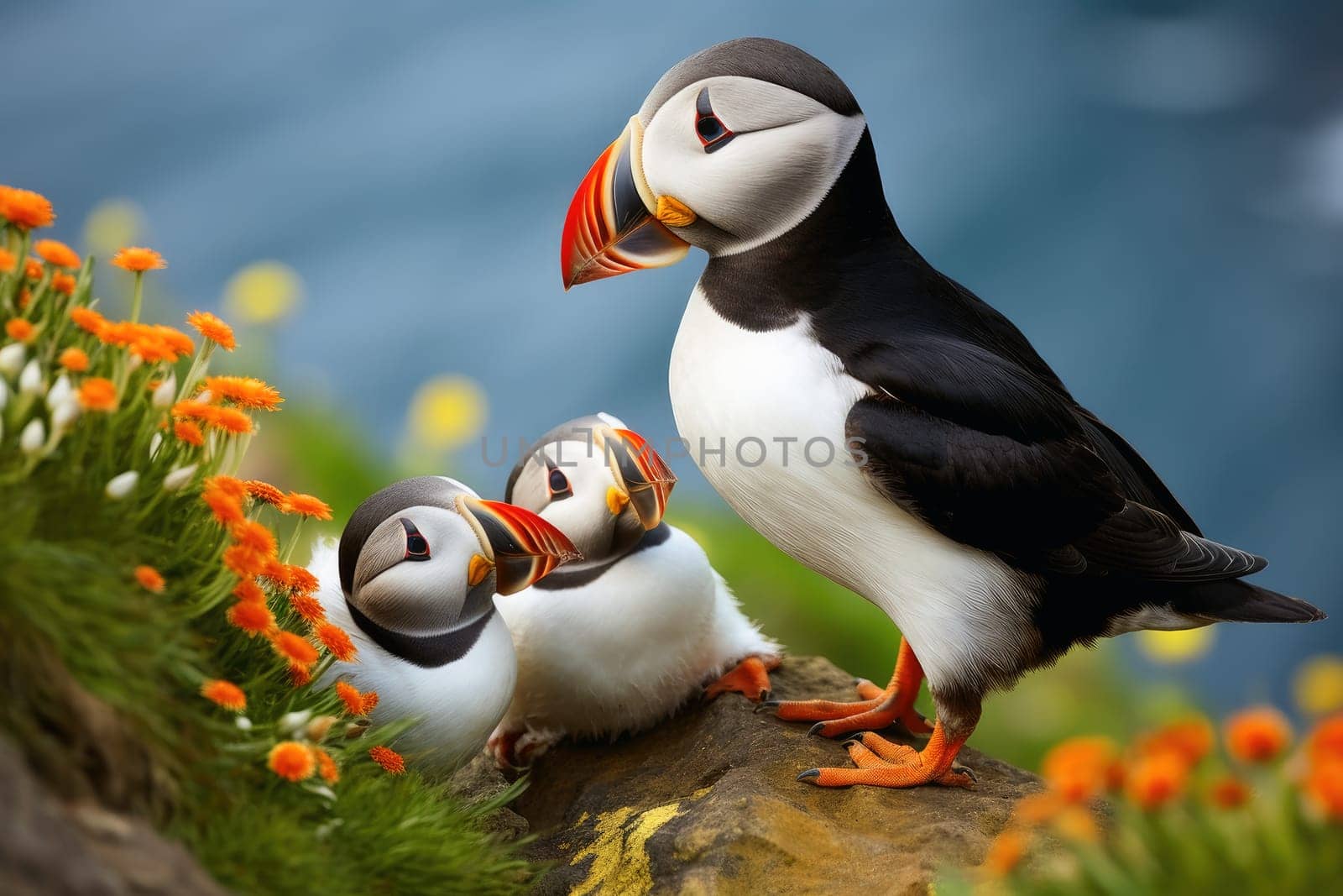 Puffin birds with babies at a coast