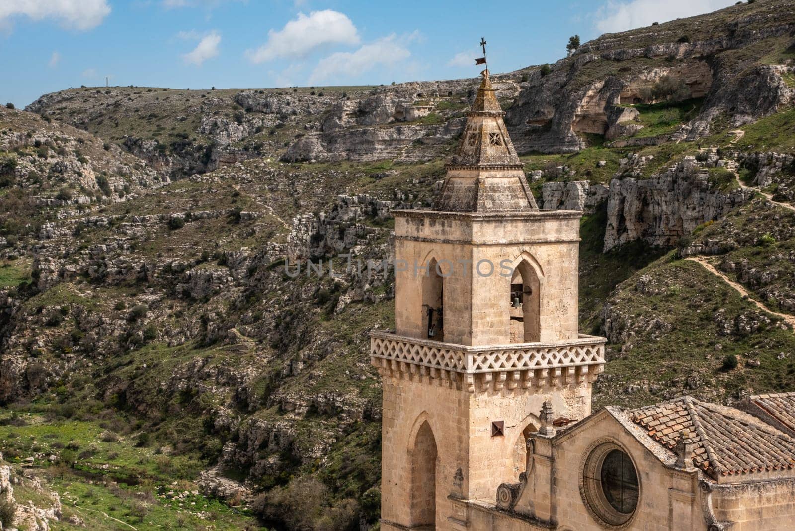 Belfry of church of Saint Peter Caveoso in historic downtown Matera, Southern Italy