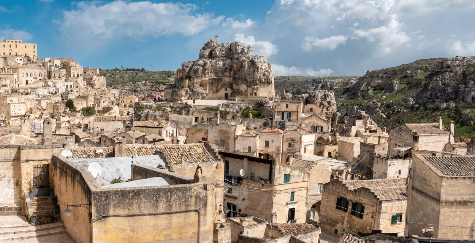 View of historic cavern basilica San Pietro in Monte Errone in historic downtown Matera, Southern Italy