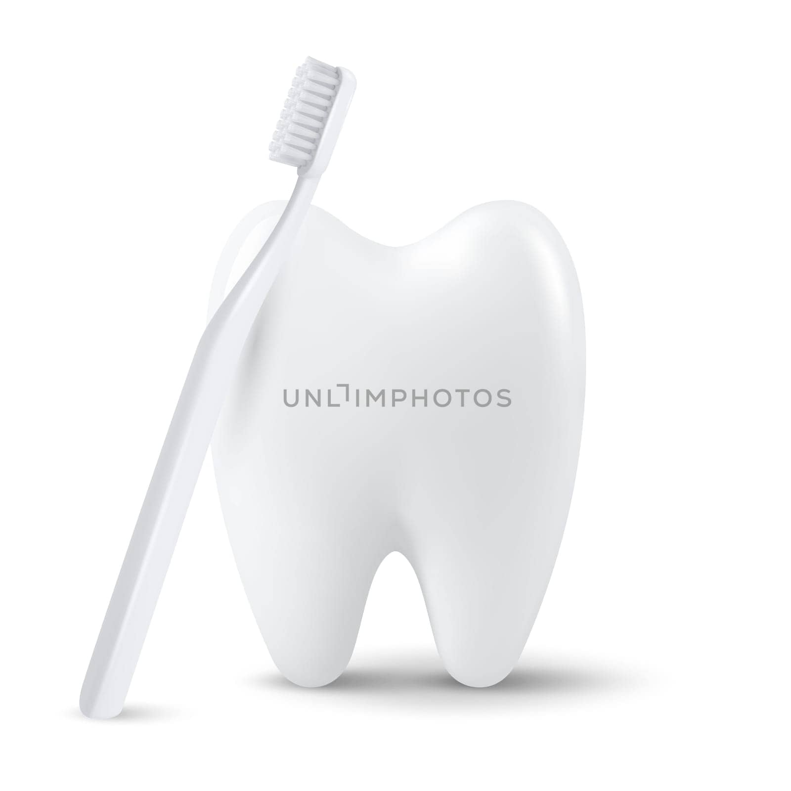 Vector 3d Realistic Tooth with Toothbrush Isolated on White Background. Medical Dentist Design Template, Clipart. Dental Health Concept.