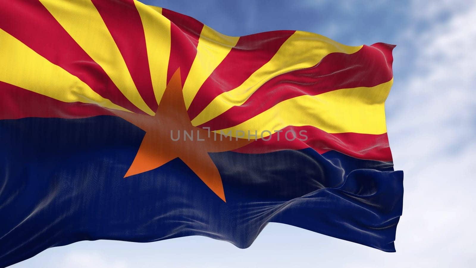 The flag of Arizona waving in the wind on a clear day. Copper star, 13 rays of red and yellow, and a blue bottom half. 3d illustration render. Selective focus. Fluttering textile