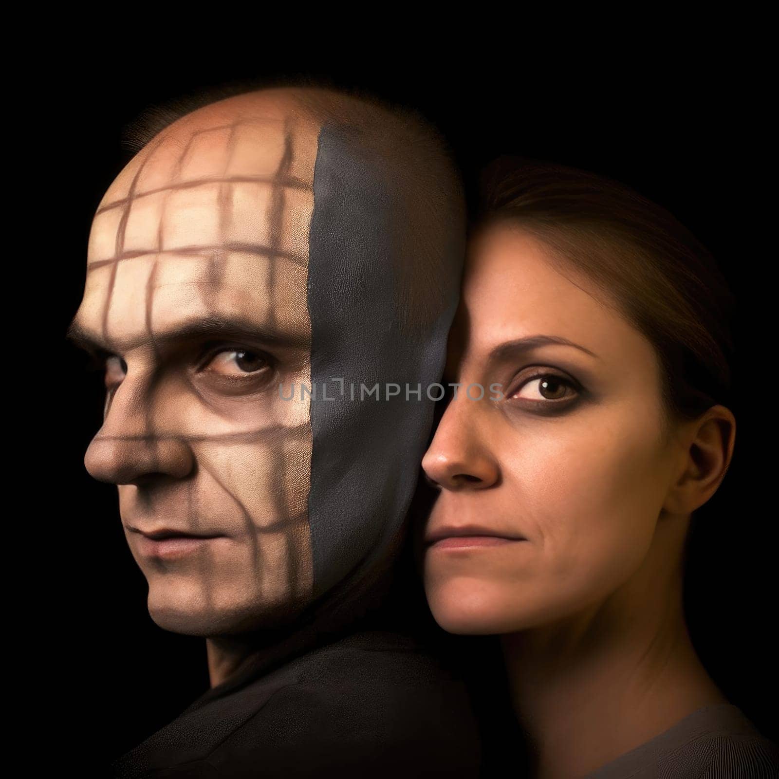 Conceptual image of a man and a woman with face painted in black - AI Generated