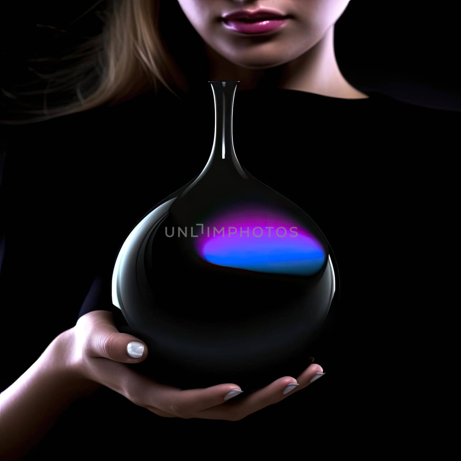 Beautiful woman holding a vase on black background, 3d rendering - AI Generated